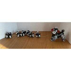Redware Pottery Black And White Adult Poodle With 6 Puppies On Chain Vintage